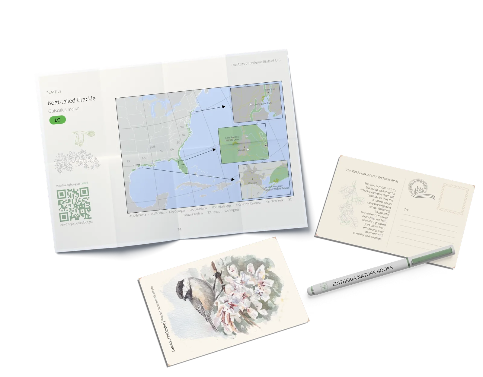 The companion atlas open beside the print-at-home postcard